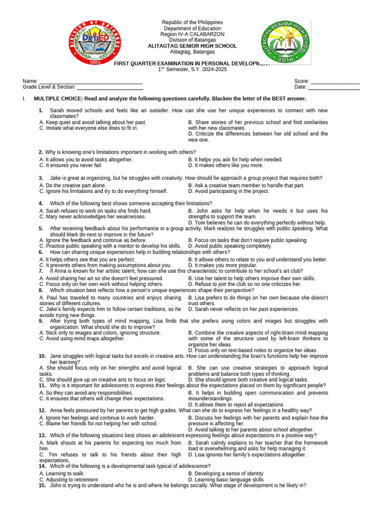 1st Quarter Exam Perdev | PDF | Adolescence | Stress (Biology)