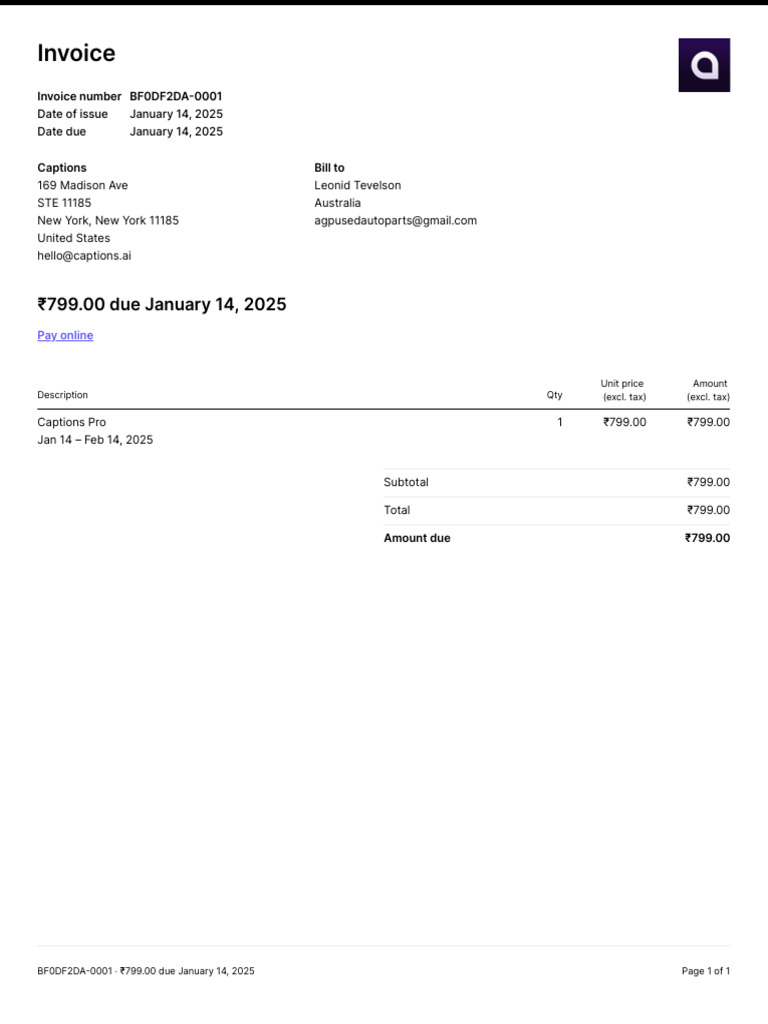 Invoice for Captions Pro Service | PDF