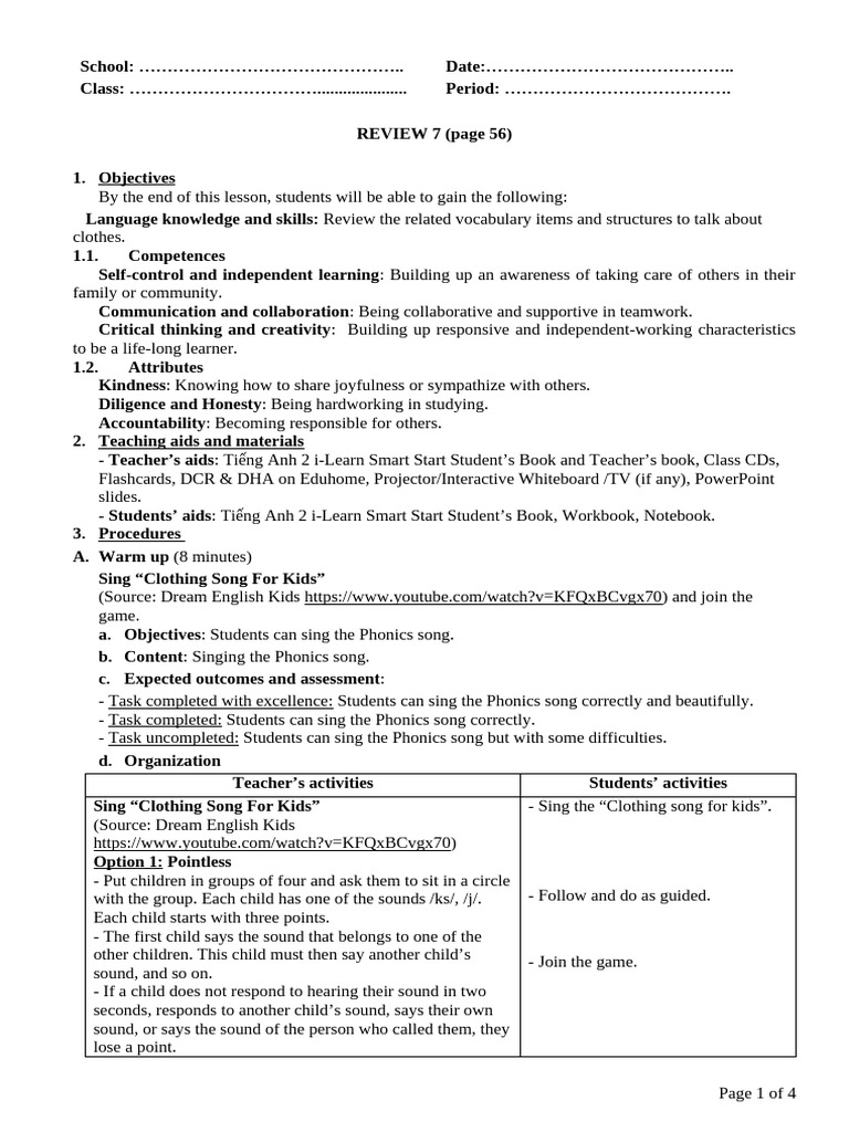 Clothing Vocabulary Lesson Plan | PDF | Phonics | Applied Linguistics