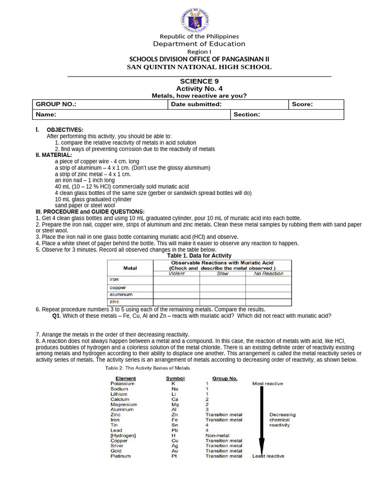 Activity No. 4 Metalshow Reactive Are You | PDF | Sodium | Magnesium