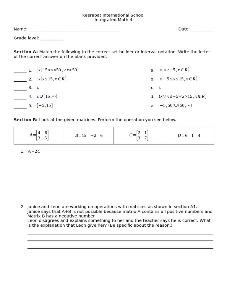 Integrated Math 4 Worksheet: Functions & Matrices | PDF | Function ...