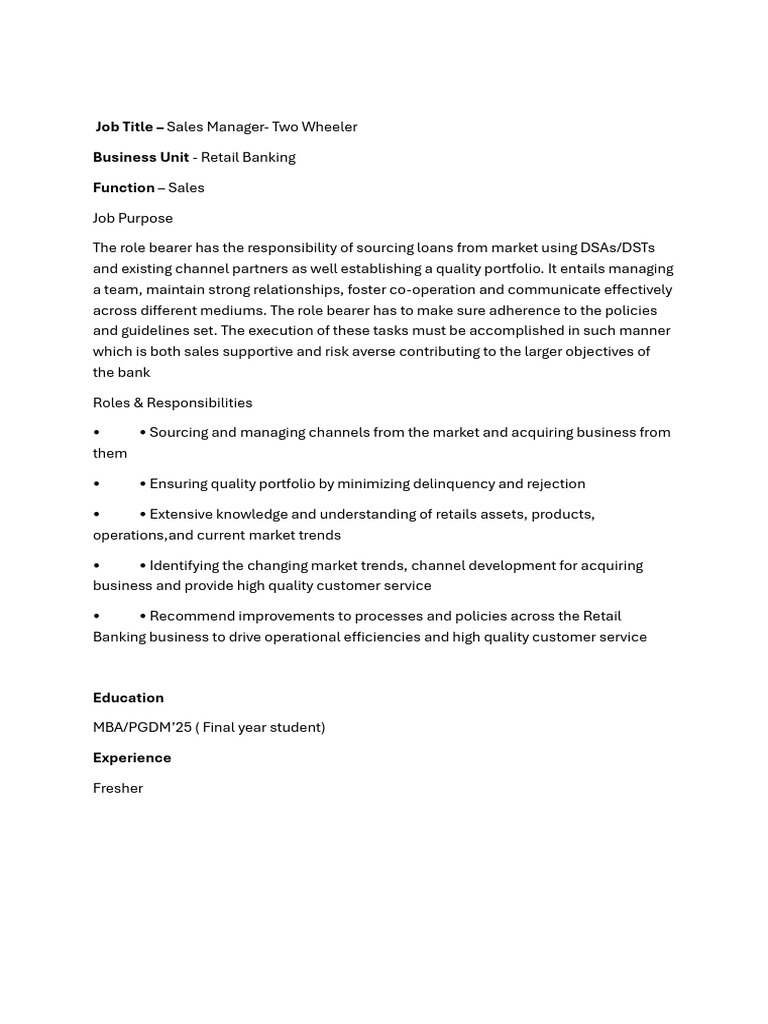 Sales Manager Role for Two Wheelers | PDF