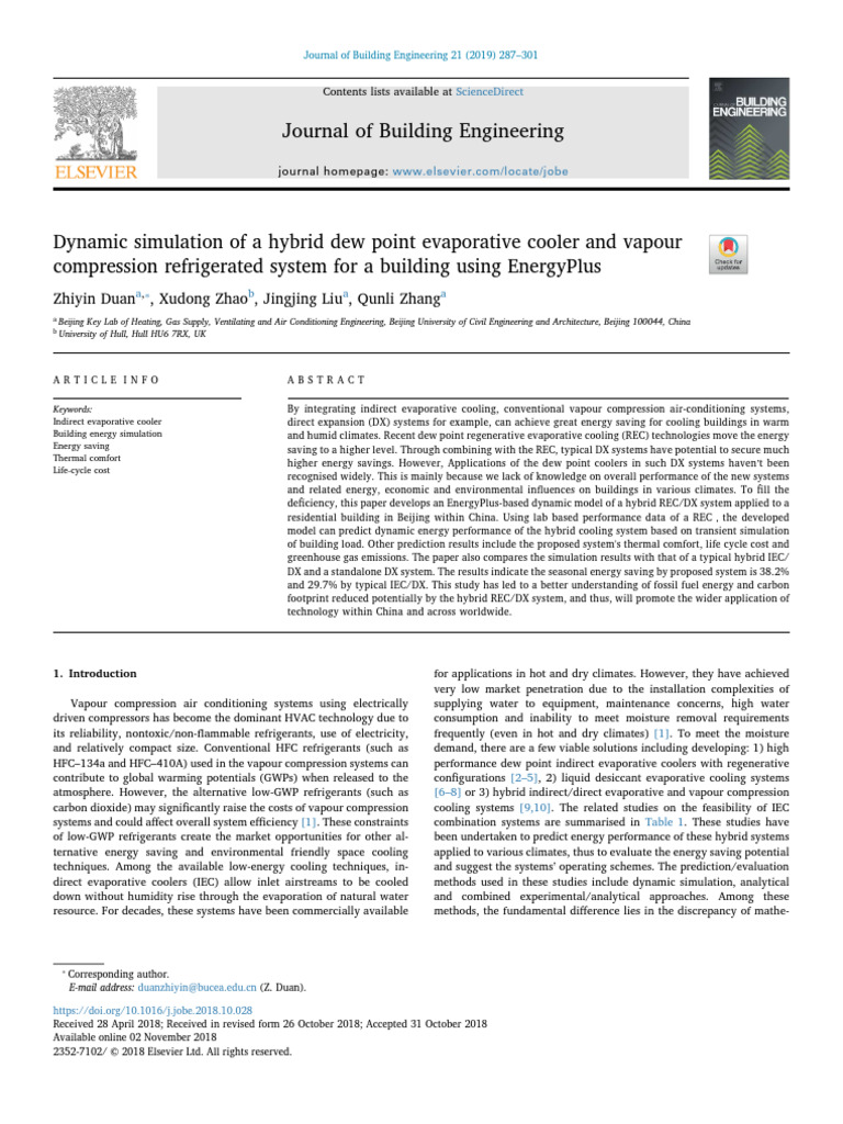 AA Dynamic Simulation of A Hybrid Dew Point Evaporative Cooler and ...