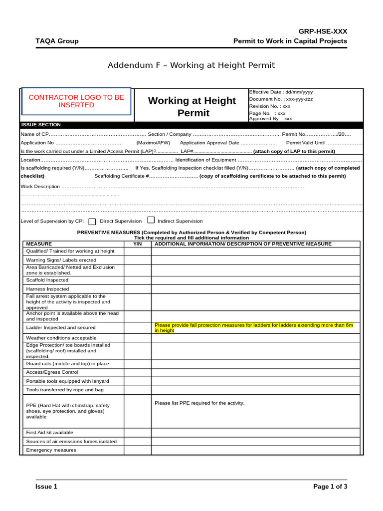Working at Height Permit Template | PDF | Safety | Occupational Safety ...