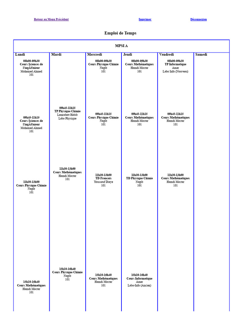 Emploi du Temps MPSI A Semestre 1 | PDF | Sciences physiques | Science ...