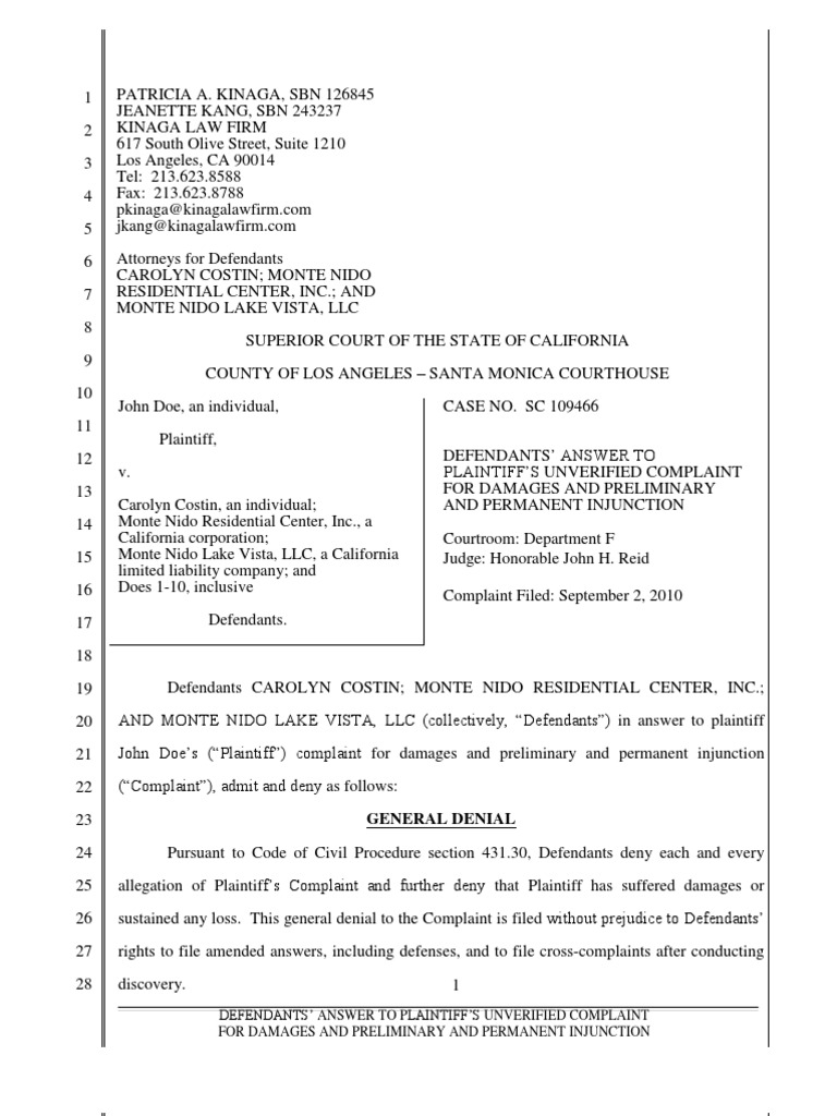 Defendants' Answer To Plaintiff's Unverified Complaint For Damages 12. ...