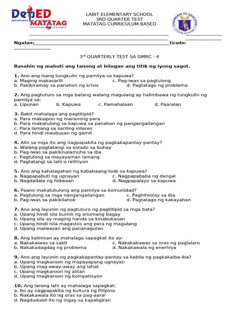 3RD Quarter Test Paper All Subjefts | PDF