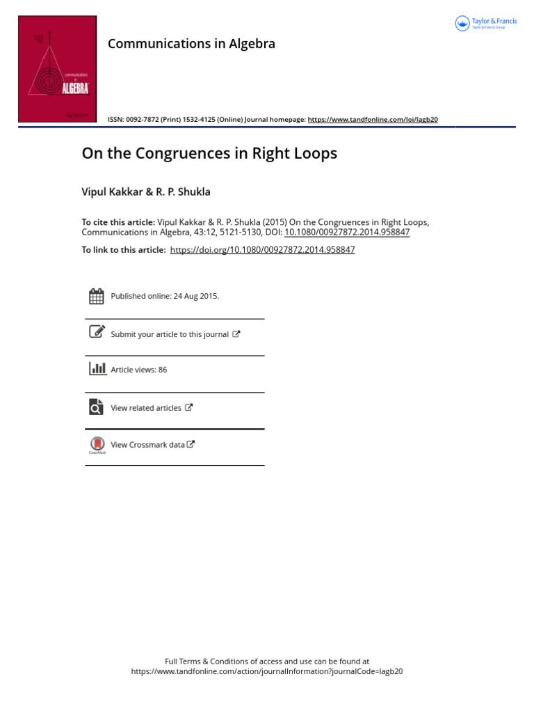 On The Congruences in Right Loops | PDF | Group (Mathematics) | Mathematics