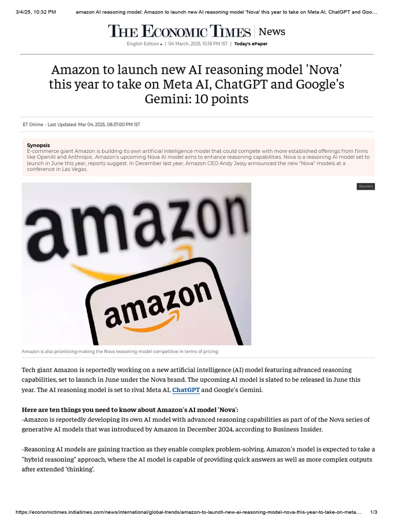Amazon To Launch New Ai Reasoning Model 'Nova' This Year To Take On ...