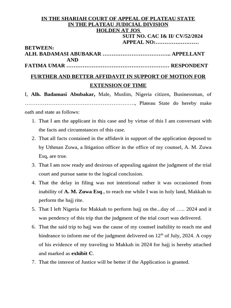 Affidavit for Appeal Extension in Shariah Court | PDF