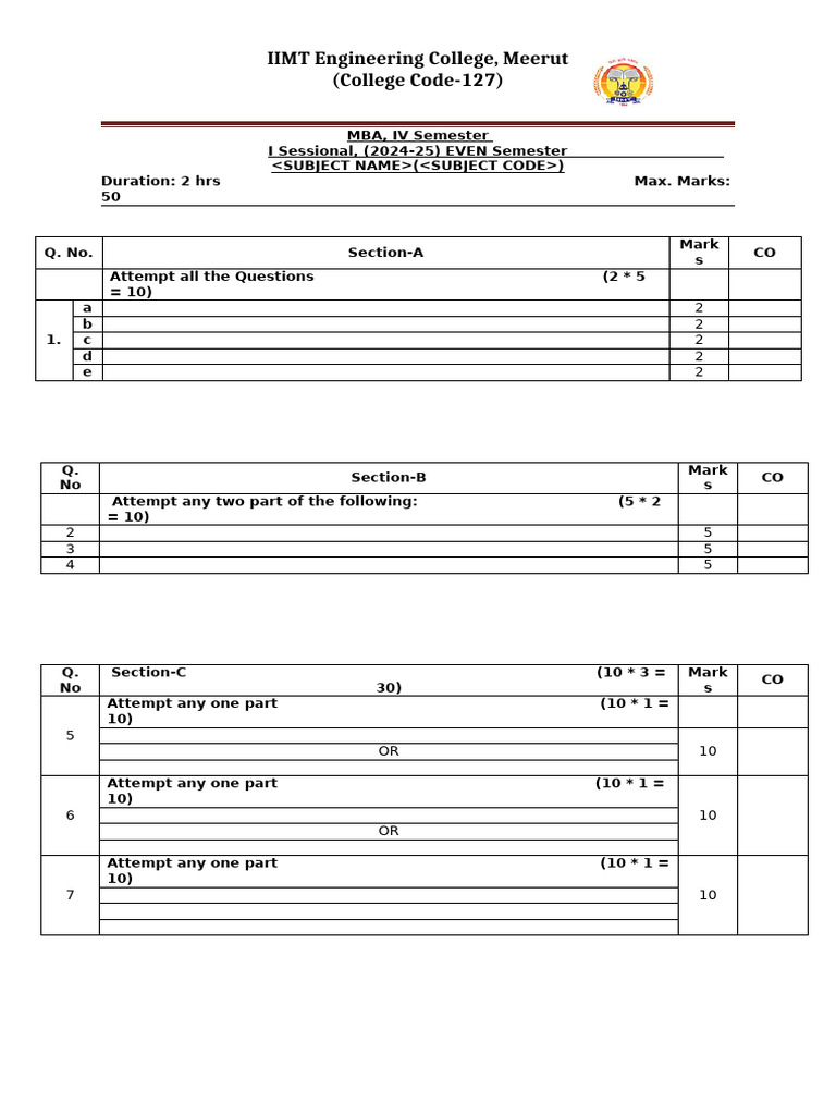 MBA IV Semester I Sessional Exam 2024-25 | PDF