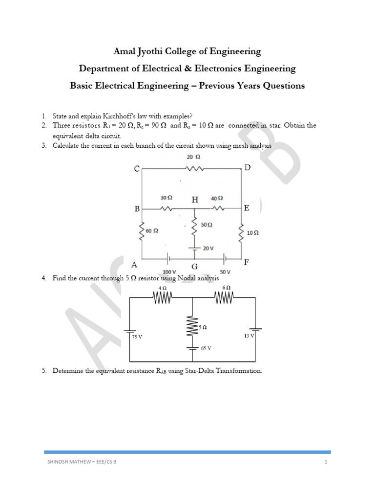 Previous Year Questions: Basic Electrical Engineering | PDF | Ac Power ...