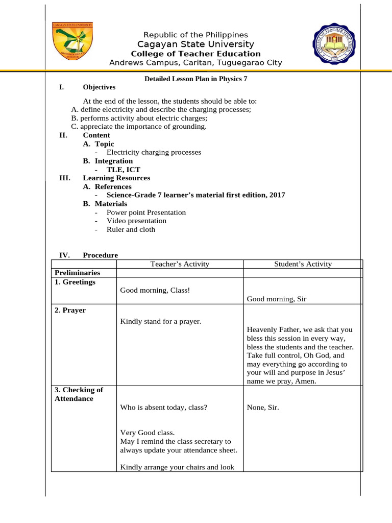 Physics 7 Lesson Plan: Electricity Concepts | PDF | Electric Charge ...