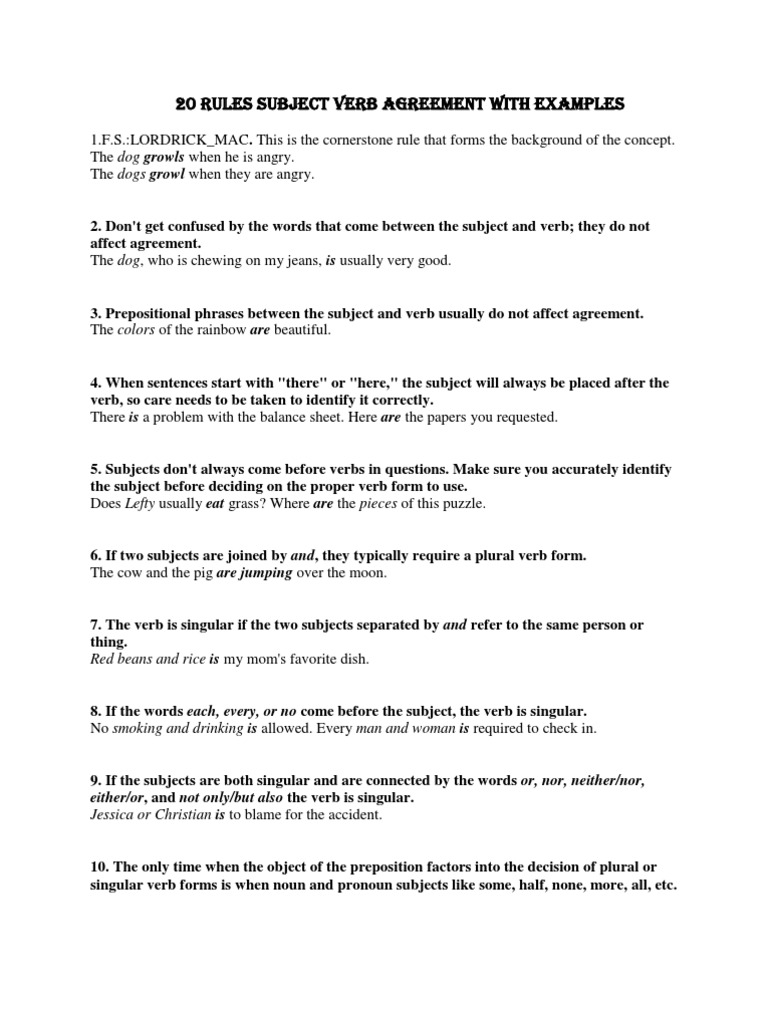 20 Rules Subject Verb Agreement With Examples Grammatical Number Pronoun