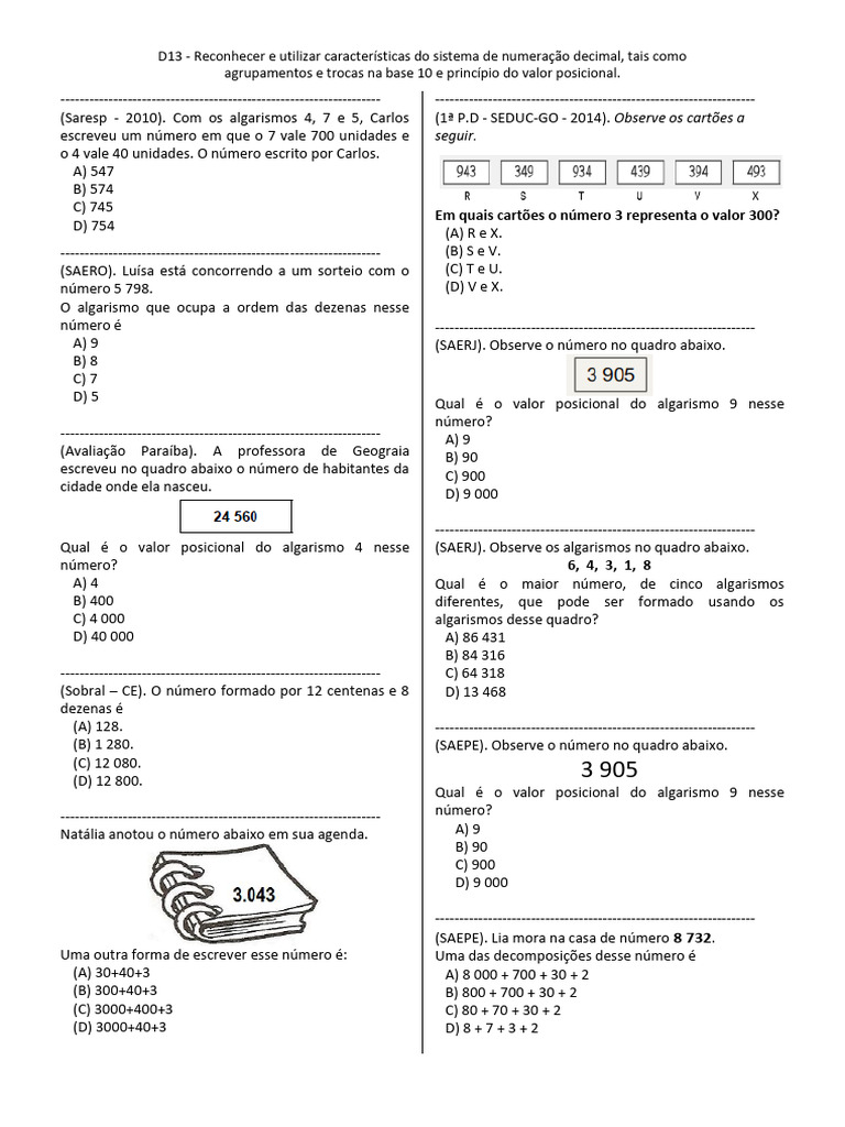 Sistema de Numeração Decimal: Exercícios | PDF | Decimal | Notação ...