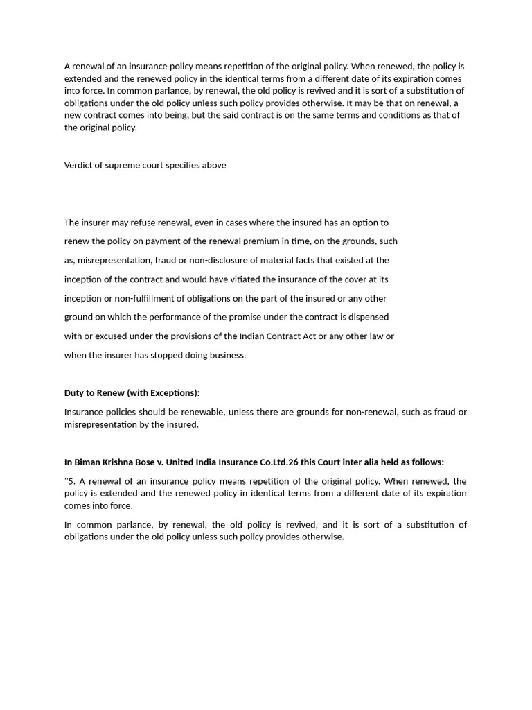 A Renewal of An Insurance Policy Means Repetition of The Original ...
