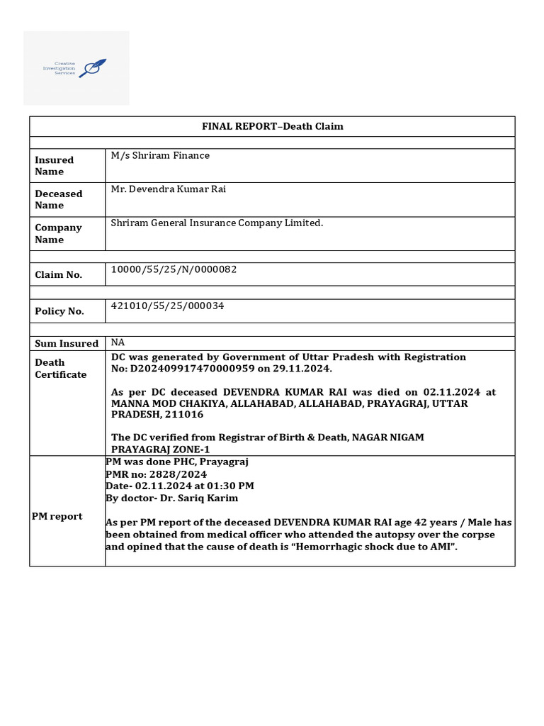 Death Claim Report for Devendra Kumar Rai | PDF | Forensic Science | Death