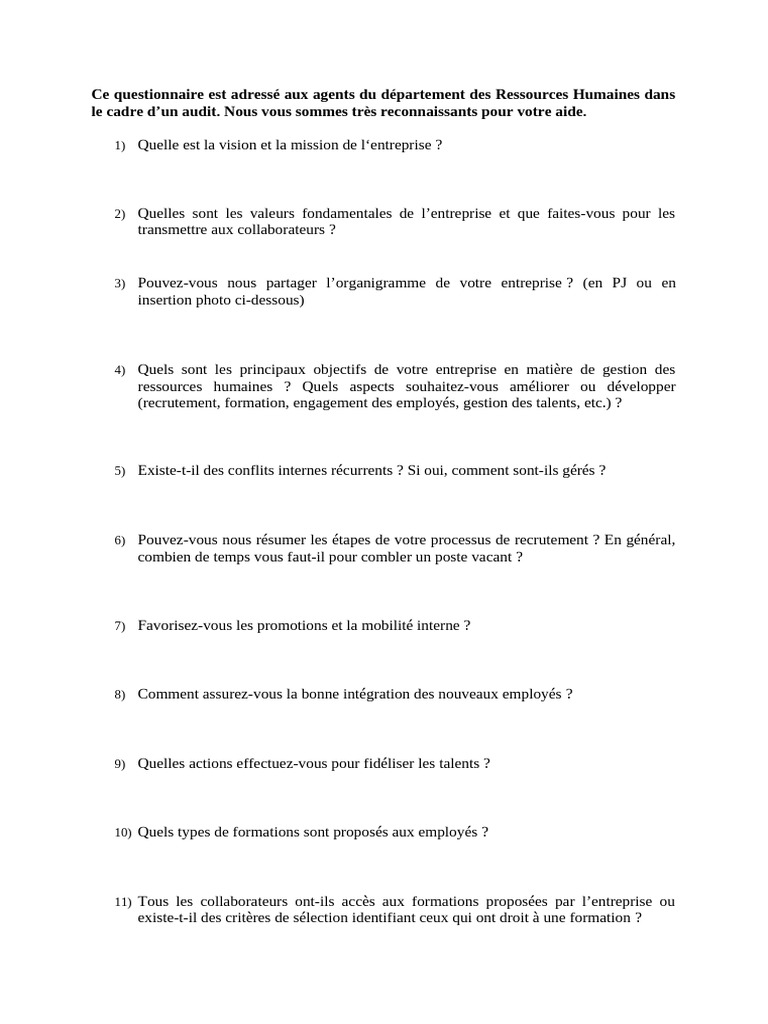 Questionnaire Audit RH Employés | PDF | Gestion des ressources humaines ...