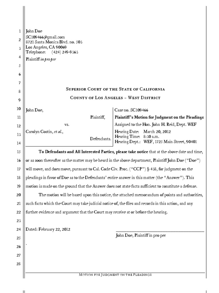 Motion for Judgment on the Pleadings Eating Disorder Pleading