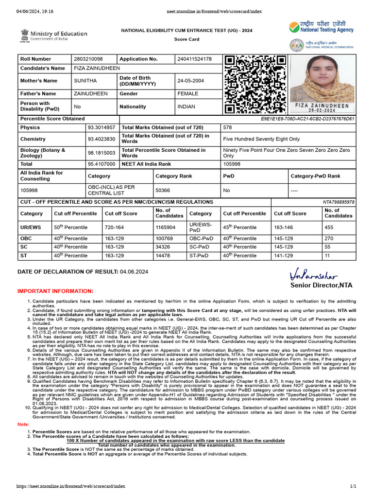 Neet Scorecard 2024 | PDF