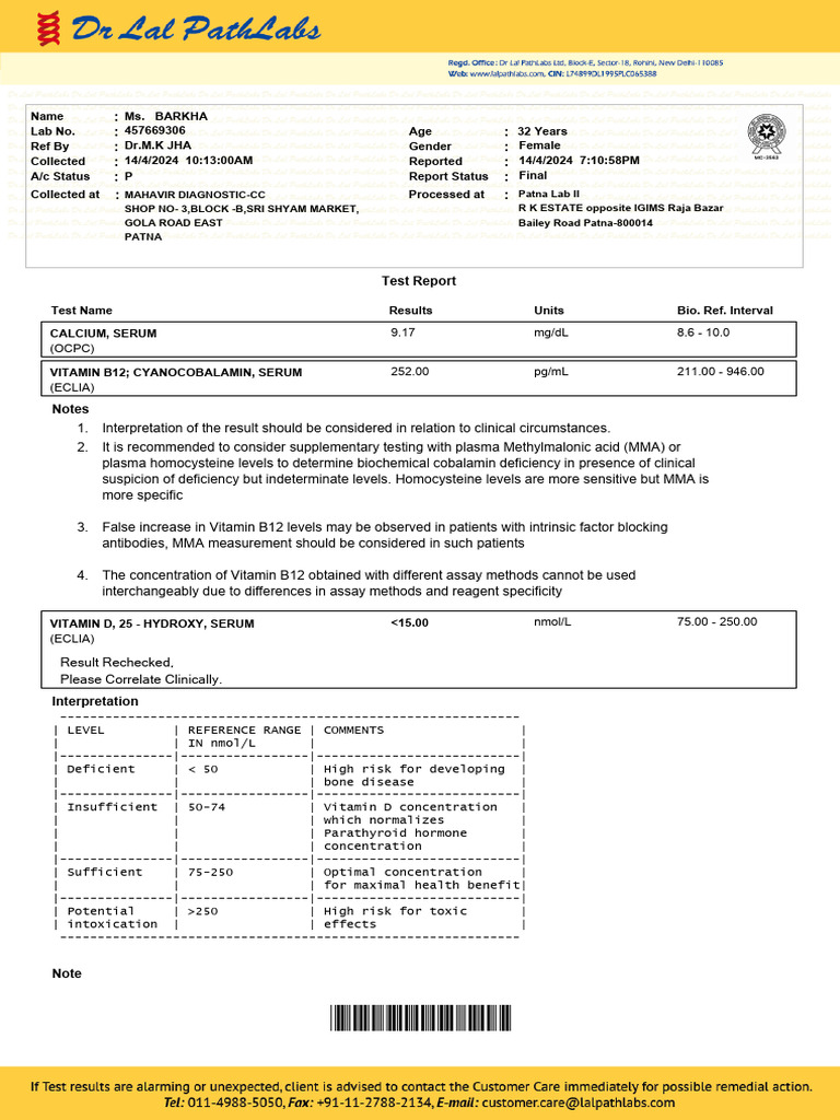 Serum Calcium and Vitamin B12 Report | PDF | Vitamin D | Vitamin B12