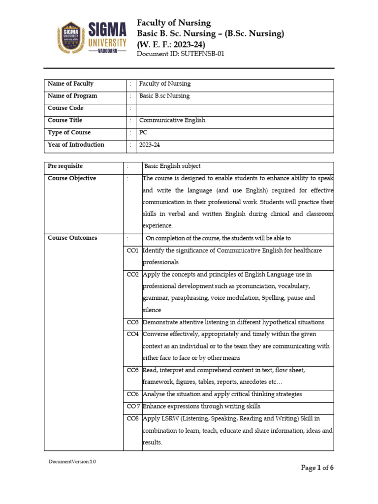 Communicative English for B.Sc. Nursing | PDF | English Language ...