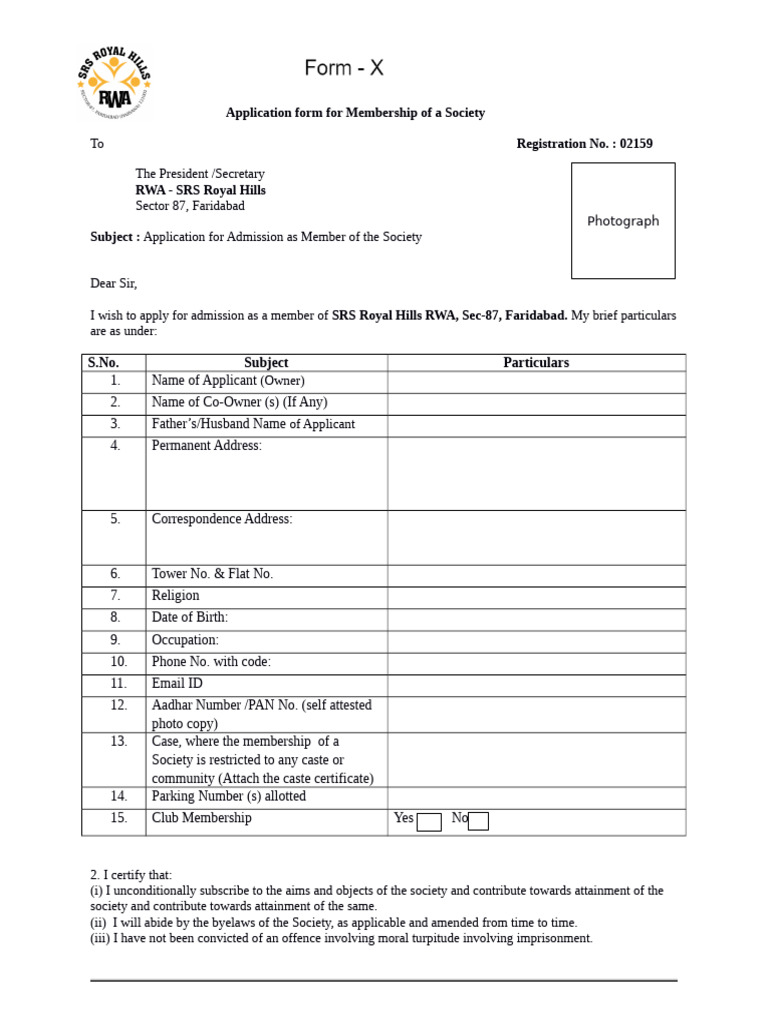 RWA Membership Application Form | PDF | Authentication | Government And ...
