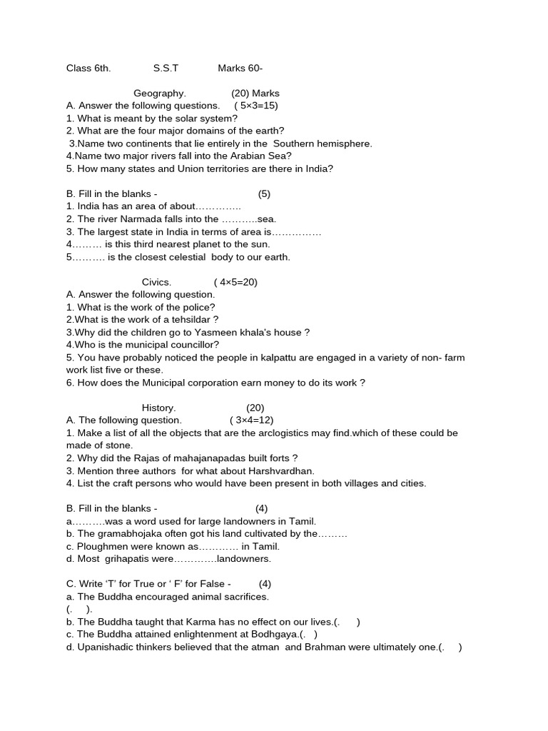 Class 6 SST Question Paper 2025 | PDF