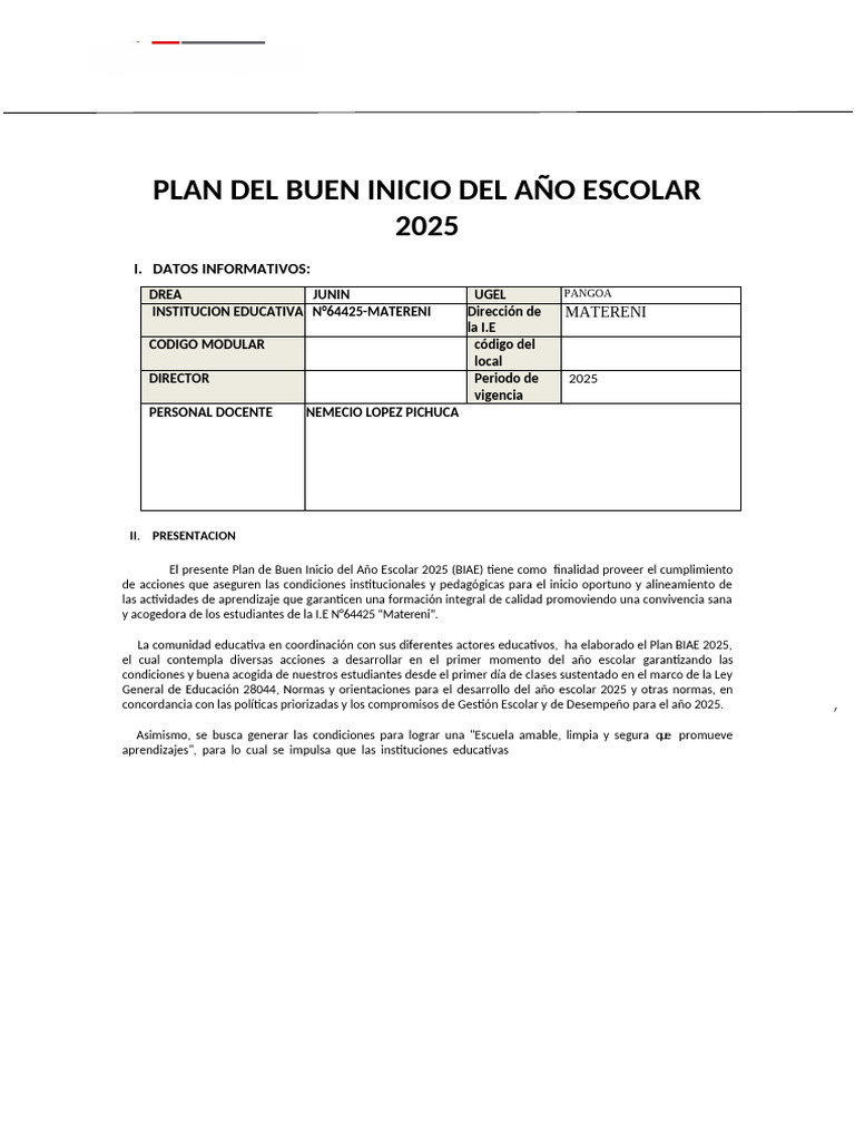 Plan de Buen Inicio Escolar 2025 | PDF | Educación primaria | Escuelas