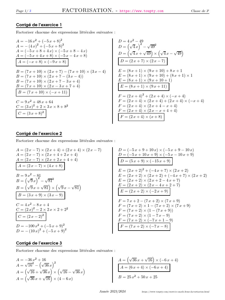 Exercices de factorisation 3ème corrigés | PDF