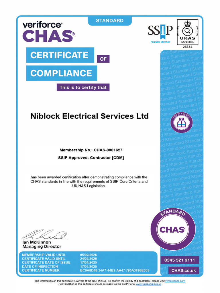 Niblock Electrical Services SSIP Certificate | PDF