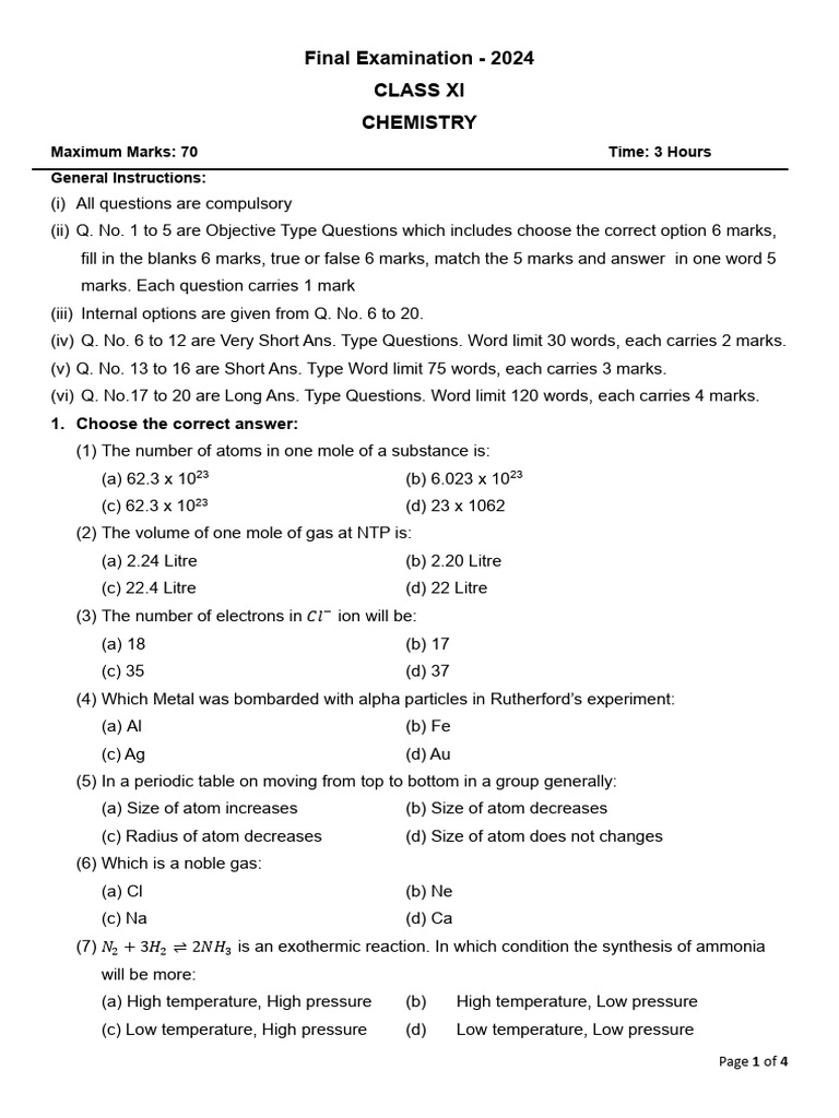Class 11 Chemistry Final Exam 2024 | PDF | Chemical Reactions | Molecules