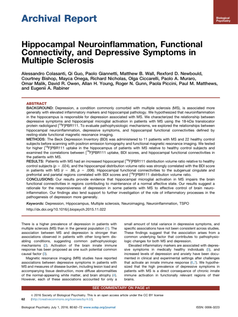 Hippocampal Neuroinflammation, Functional Connecti | PDF | Multiple ...
