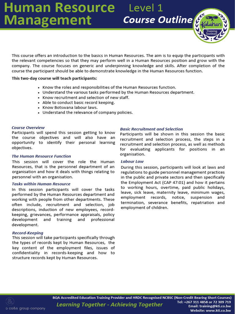 Human-Resource-Management-Level-1-Course-Outline-Jan-2024 | PDF | Human ...