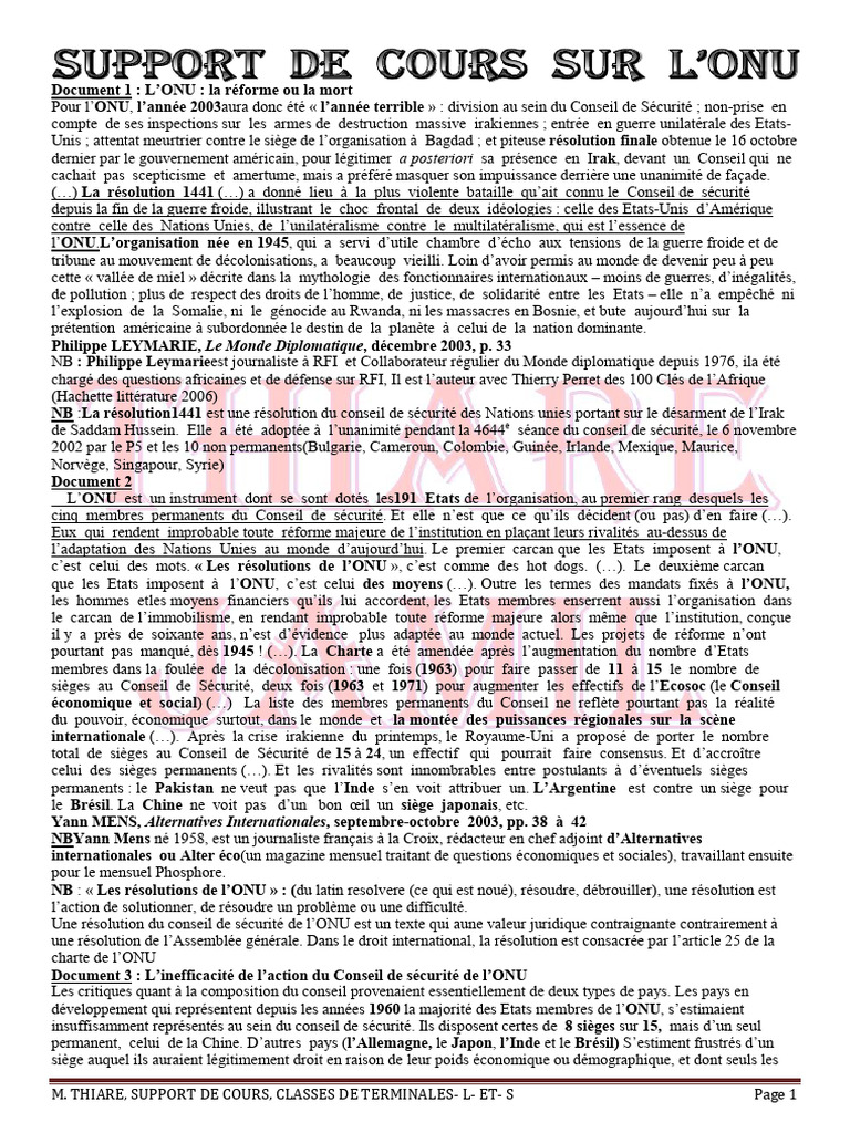 Réforme de l'ONU : enjeux et critiques | PDF | Conseil de sécurité des ...