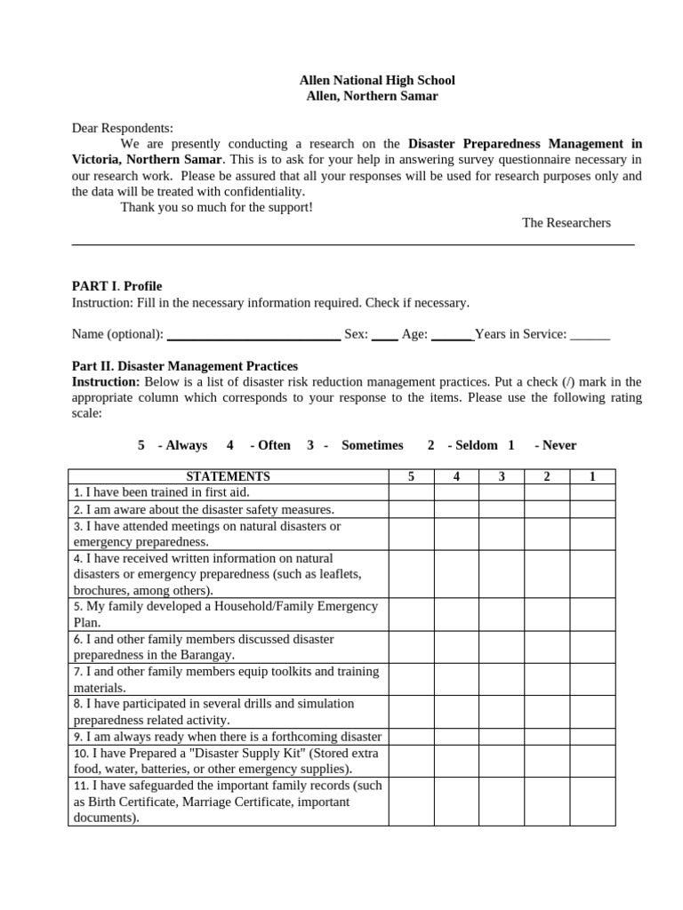 Disaster Preparedness Survey at ANHS | PDF | Emergency Management ...