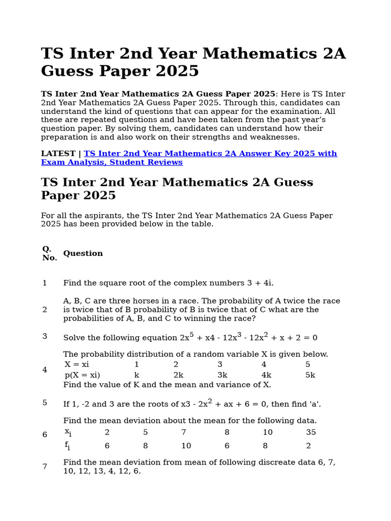 TS Inter 2nd Year Math 2A Guess Paper 2025 | PDF | Mathematics ...