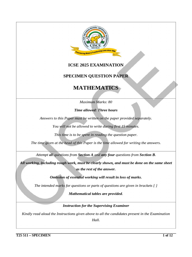 ICSE 2025 Mathematics Specimen Paper | PDF