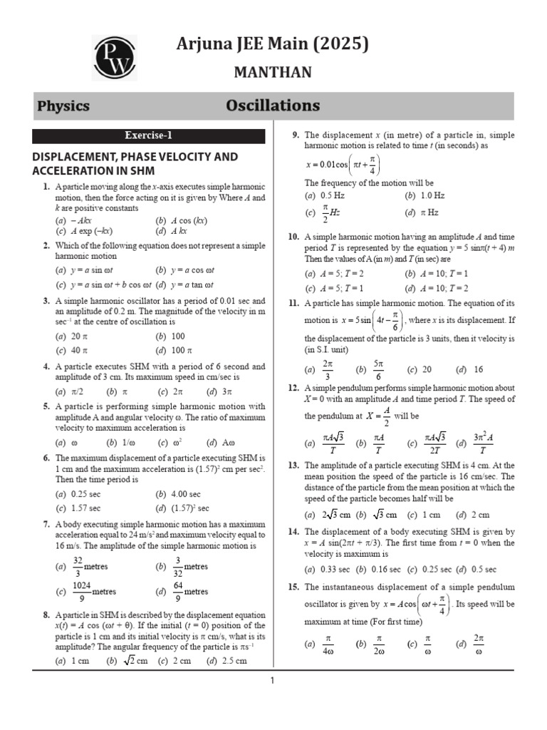 SHM Exercises for JEE Mains 2025 | PDF | Pendulum | Oscillation