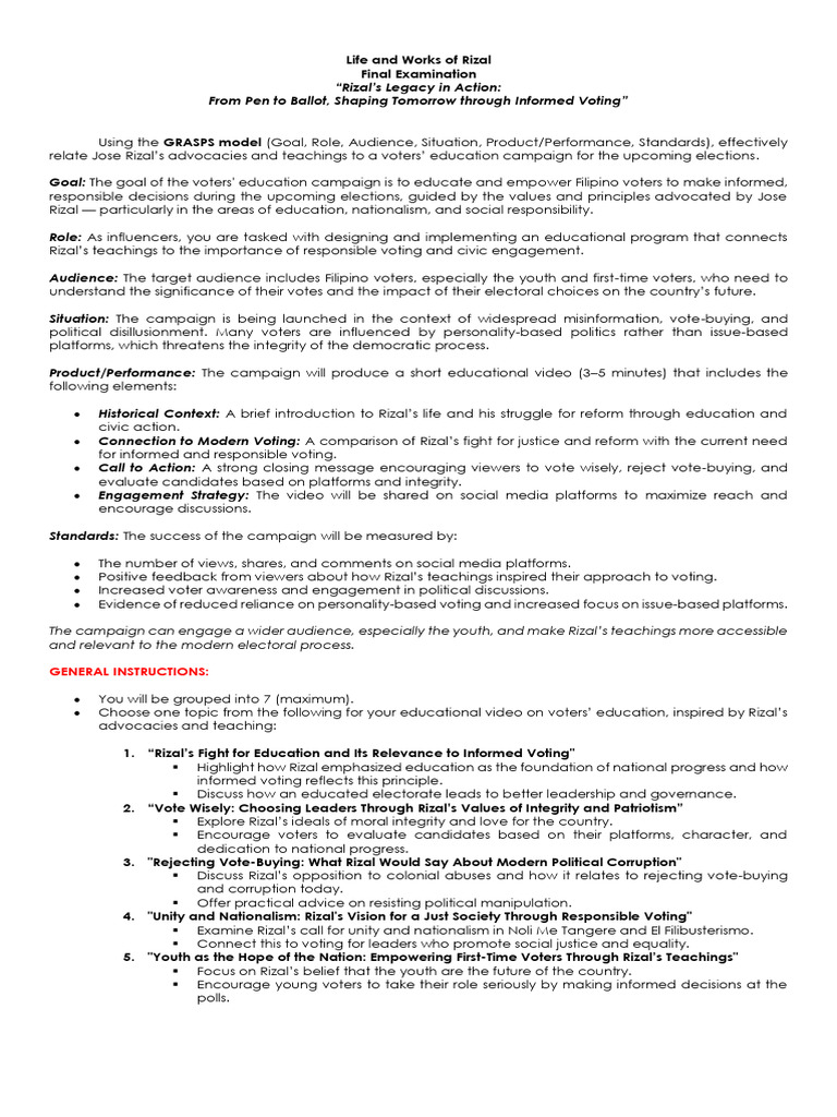 Life and Works of Rizal Final Exam | PDF | Elections | Voting