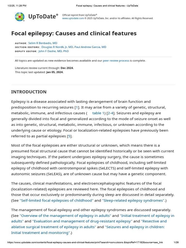 Focal Epilepsy - Causes and Clinical Features - UpToDate | PDF ...
