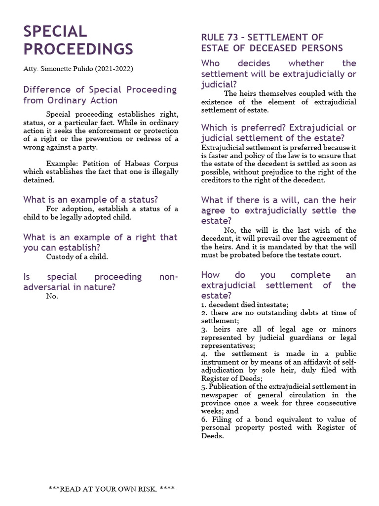 Special Proceedings in Estate Settlement | PDF | Will And Testament ...