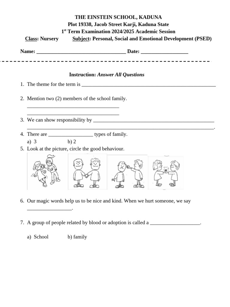 Nursery 1 PSED First Term Exam 2024 | PDF