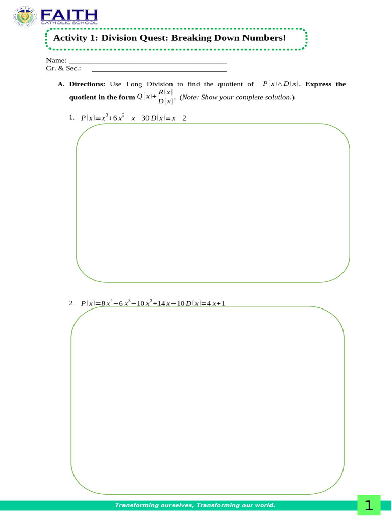 Activity 1 - Division Quest - Breaking Down Numbers | PDF