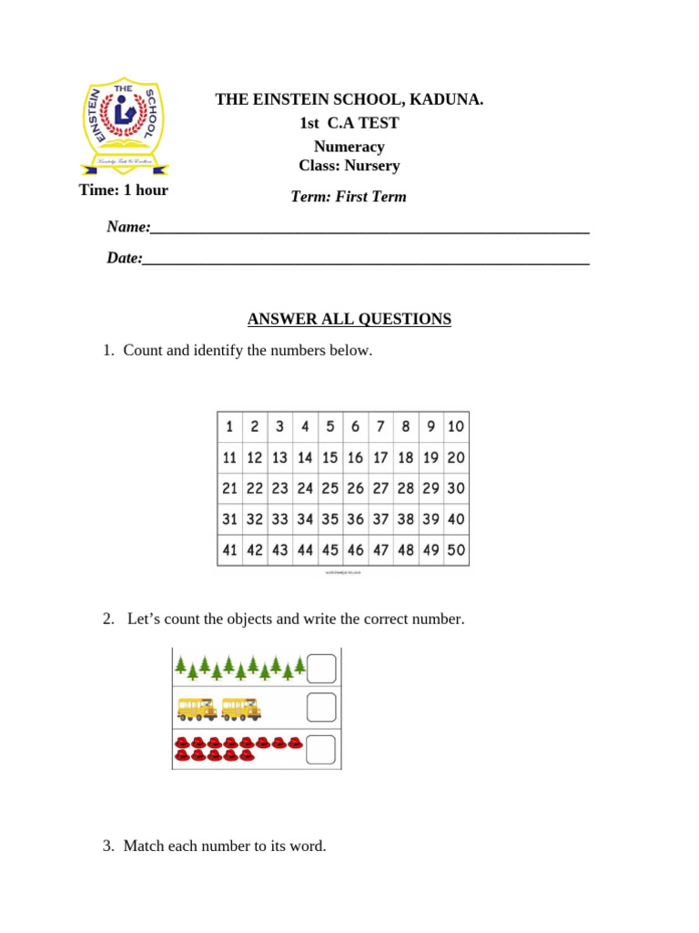 Nursery Numeracy Test - Einstein School | PDF