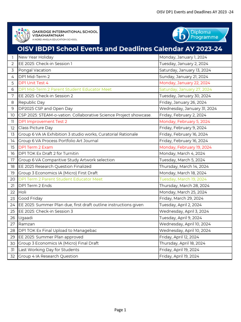 DP1 Calendar Jan To Apr | PDF | Observances | Holidays
