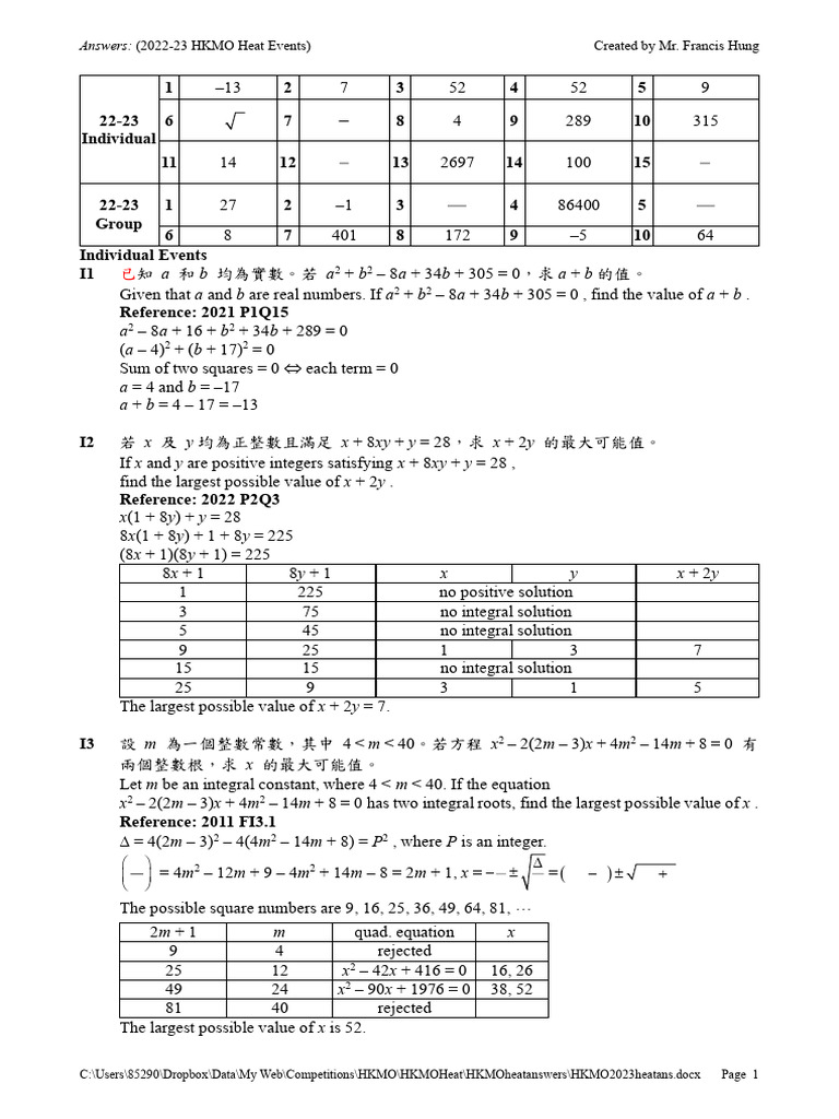 HKMO 2022-23 Heat Event Answers | PDF | Elementary Mathematics | Arithmetic