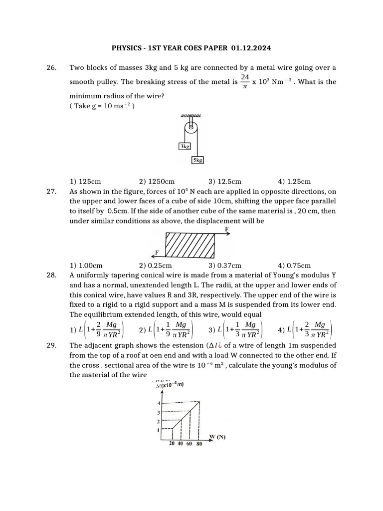 Physics - 1st Year Coes Paper 01.12.2024 | PDF | Young's Modulus | Force