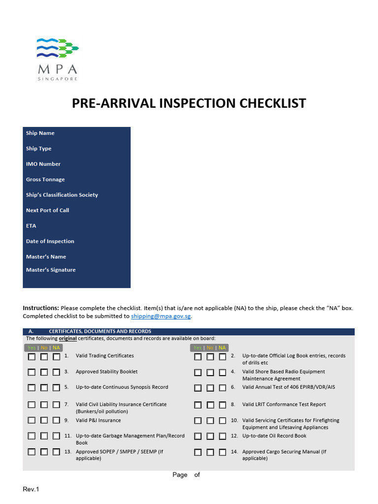 Pre-Arrival Ship Inspection Checklist | PDF