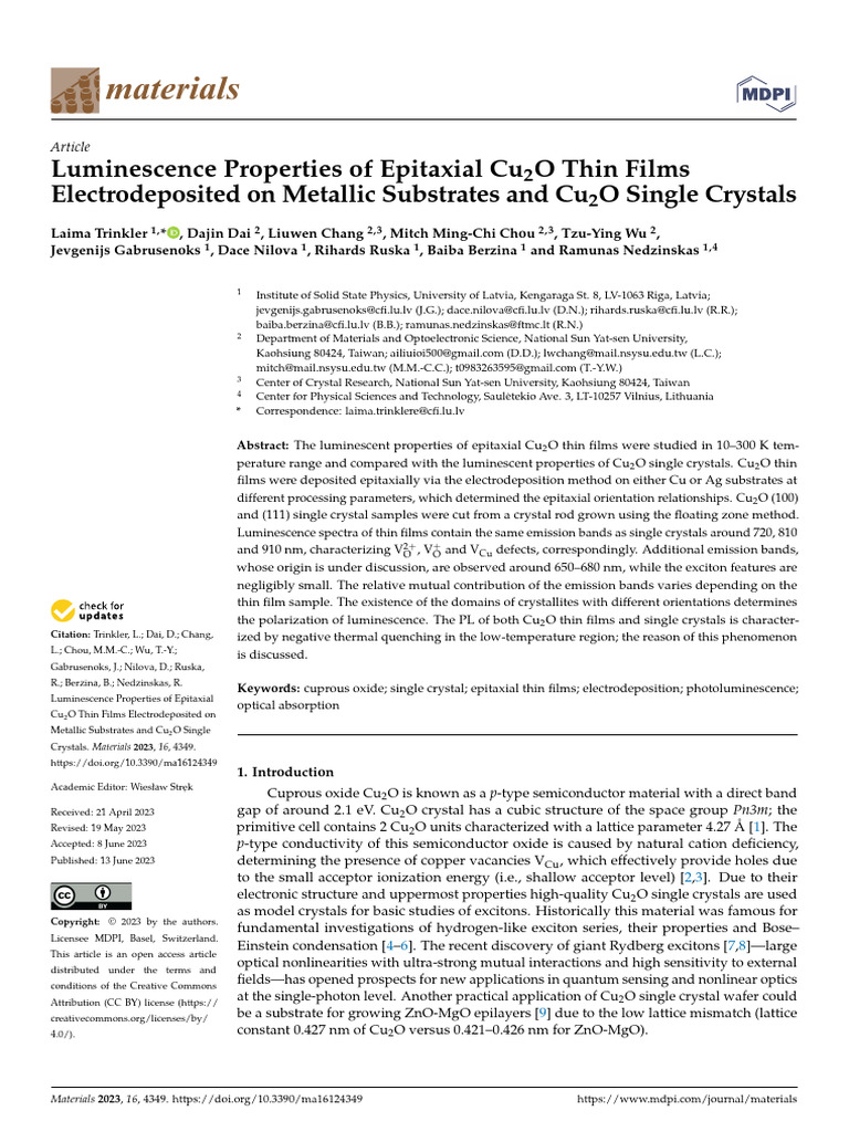 Luminescence Properties of Epitaxial Cu2O Thin Films Electrodeposited ...